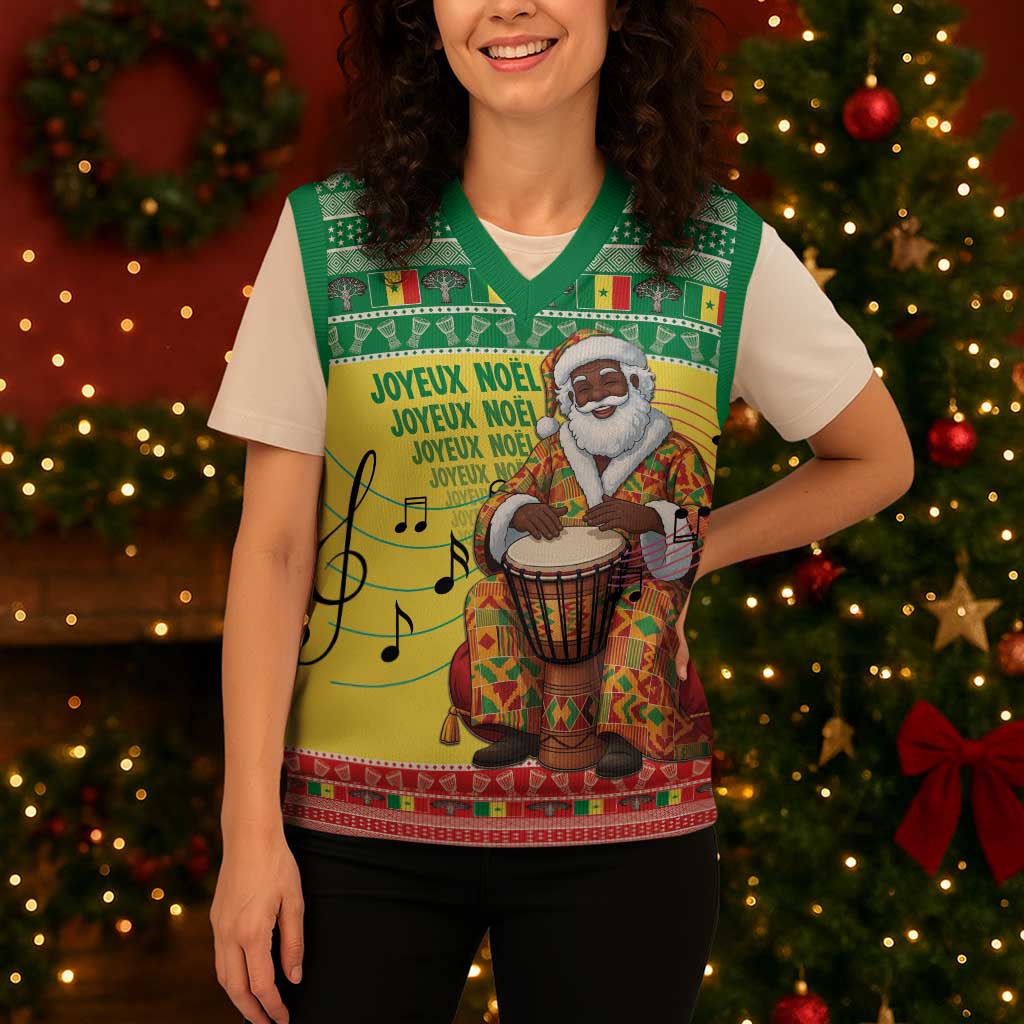 Senegal Christmas Knitted V-Neck Vest Black Santa Playing Djembe Drum - Wonder Print Shop