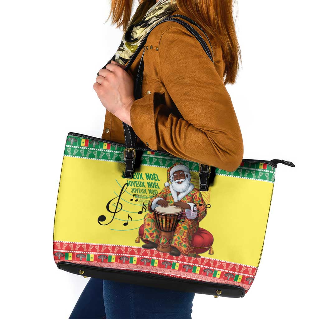 Senegal Christmas Leather Tote Bag Black Santa Playing Djembe Drum - Wonder Print Shop