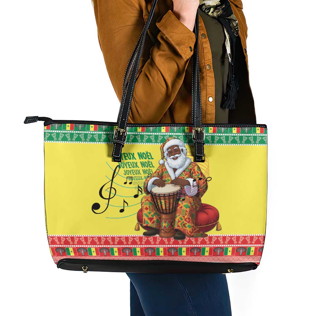 Senegal Christmas Leather Tote Bag Black Santa Playing Djembe Drum - Wonder Print Shop