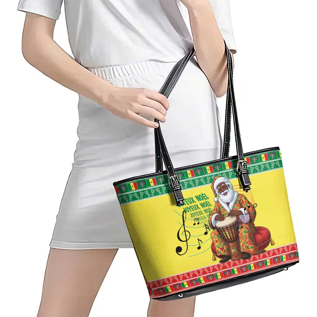 Senegal Christmas Leather Tote Bag Black Santa Playing Djembe Drum - Wonder Print Shop