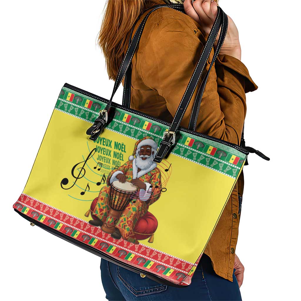 Senegal Christmas Leather Tote Bag Black Santa Playing Djembe Drum - Wonder Print Shop