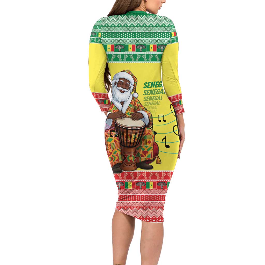 Senegal Christmas Long Sleeve Bodycon Dress Black Santa Playing Djembe Drum - Wonder Print Shop