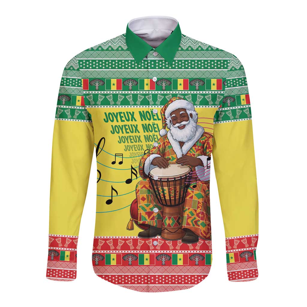 Senegal Christmas Long Sleeve Button Shirt Black Santa Playing Djembe Drum - Wonder Print Shop