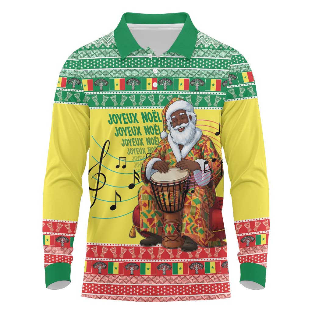 Senegal Christmas Long Sleeve Polo Shirt Black Santa Playing Djembe Drum - Wonder Print Shop