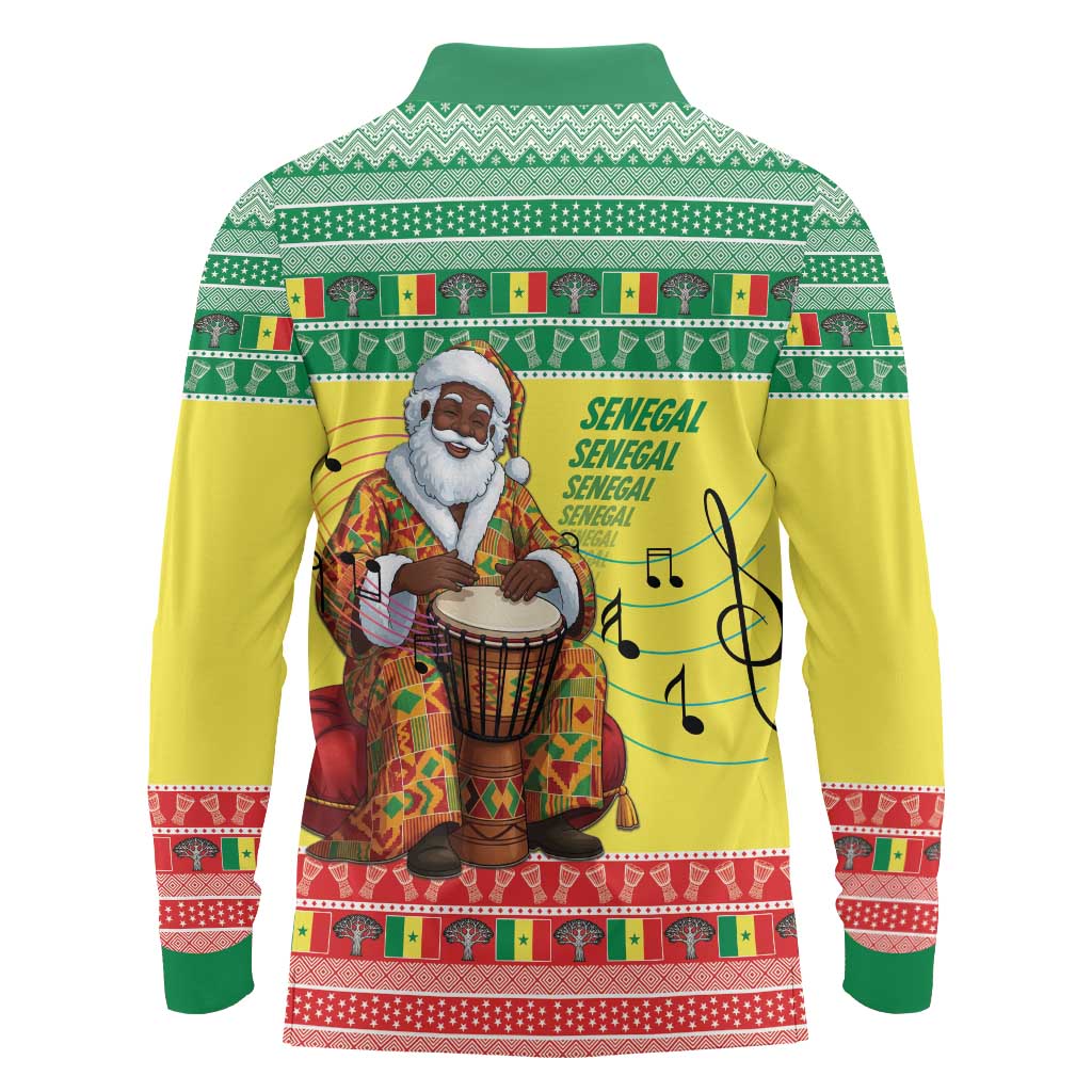 Senegal Christmas Long Sleeve Polo Shirt Black Santa Playing Djembe Drum - Wonder Print Shop