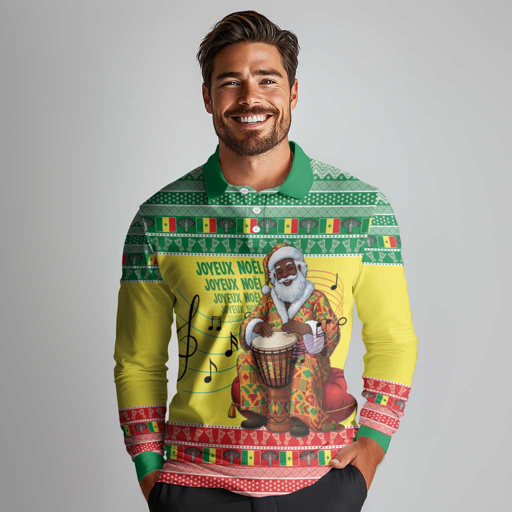 Senegal Christmas Long Sleeve Polo Shirt Black Santa Playing Djembe Drum - Wonder Print Shop