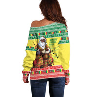 Senegal Christmas Off Shoulder Sweater Black Santa Playing Djembe Drum - Wonder Print Shop