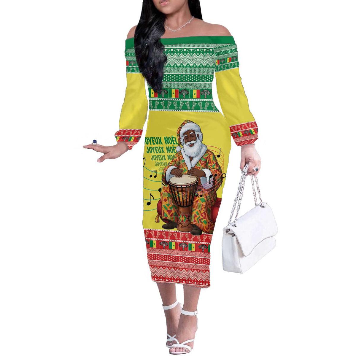 Senegal Christmas Off The Shoulder Long Sleeve Dress Black Santa Playing Djembe Drum - Wonder Print Shop
