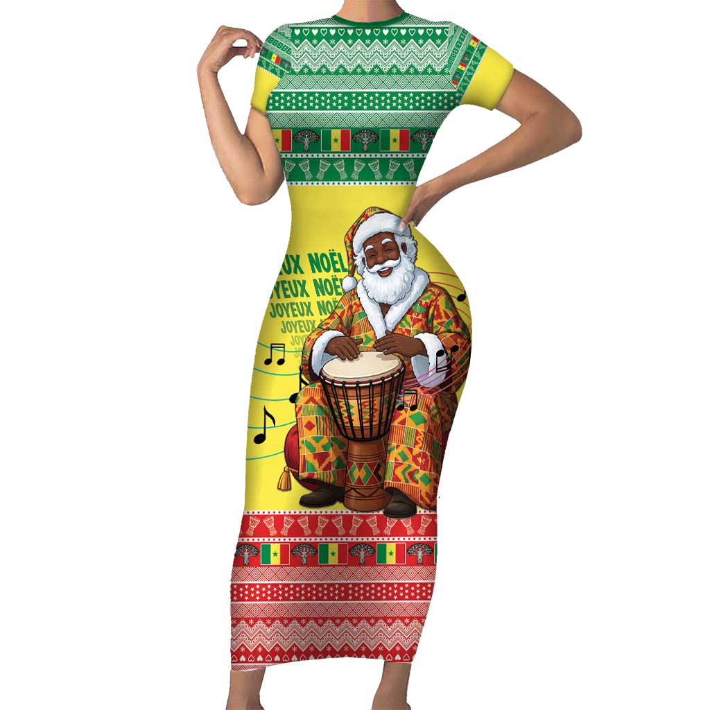 Senegal Christmas Short Sleeve Bodycon Dress Black Santa Playing Djembe Drum - Wonder Print Shop
