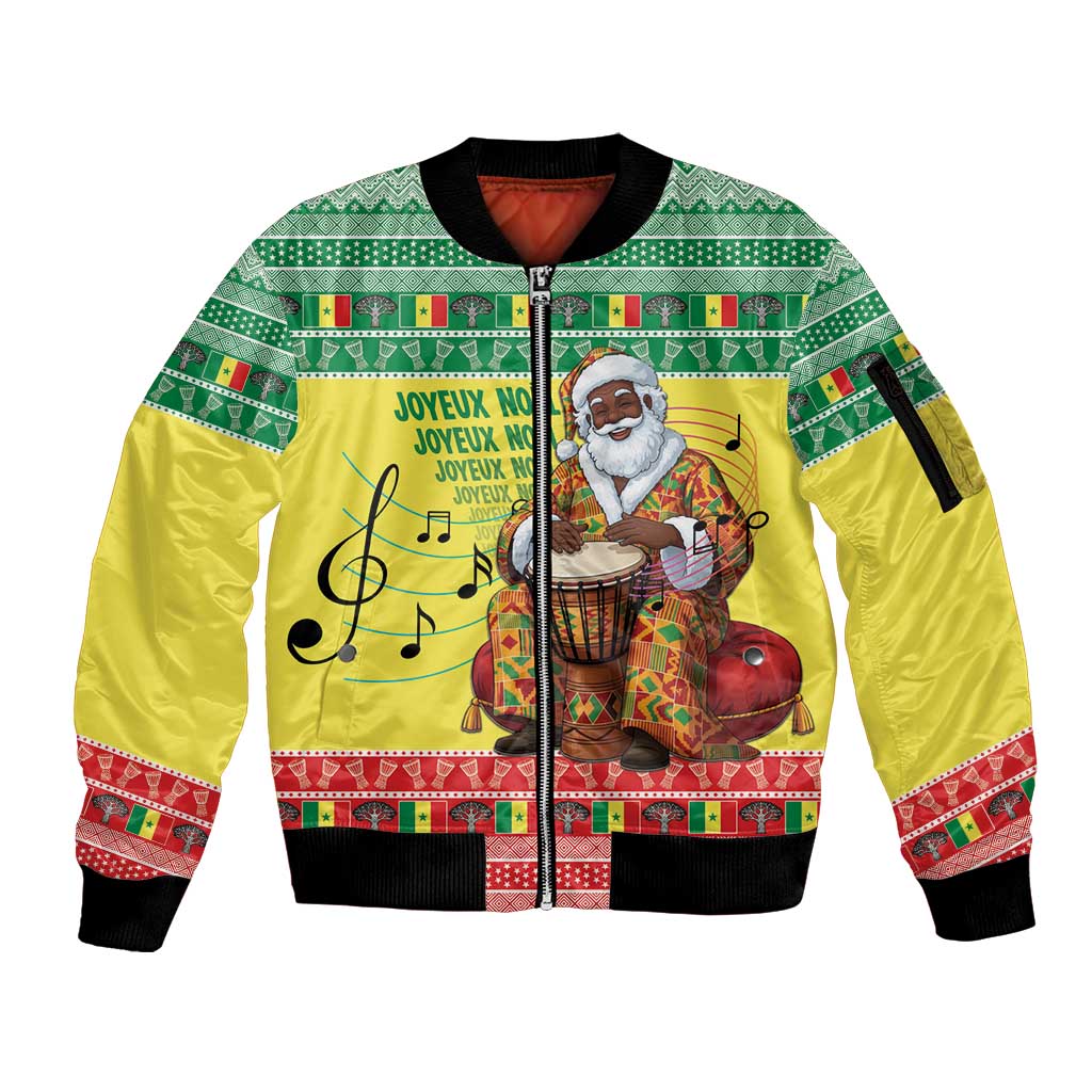 Senegal Christmas Sleeve Zip Bomber Jacket Black Santa Playing Djembe Drum - Wonder Print Shop