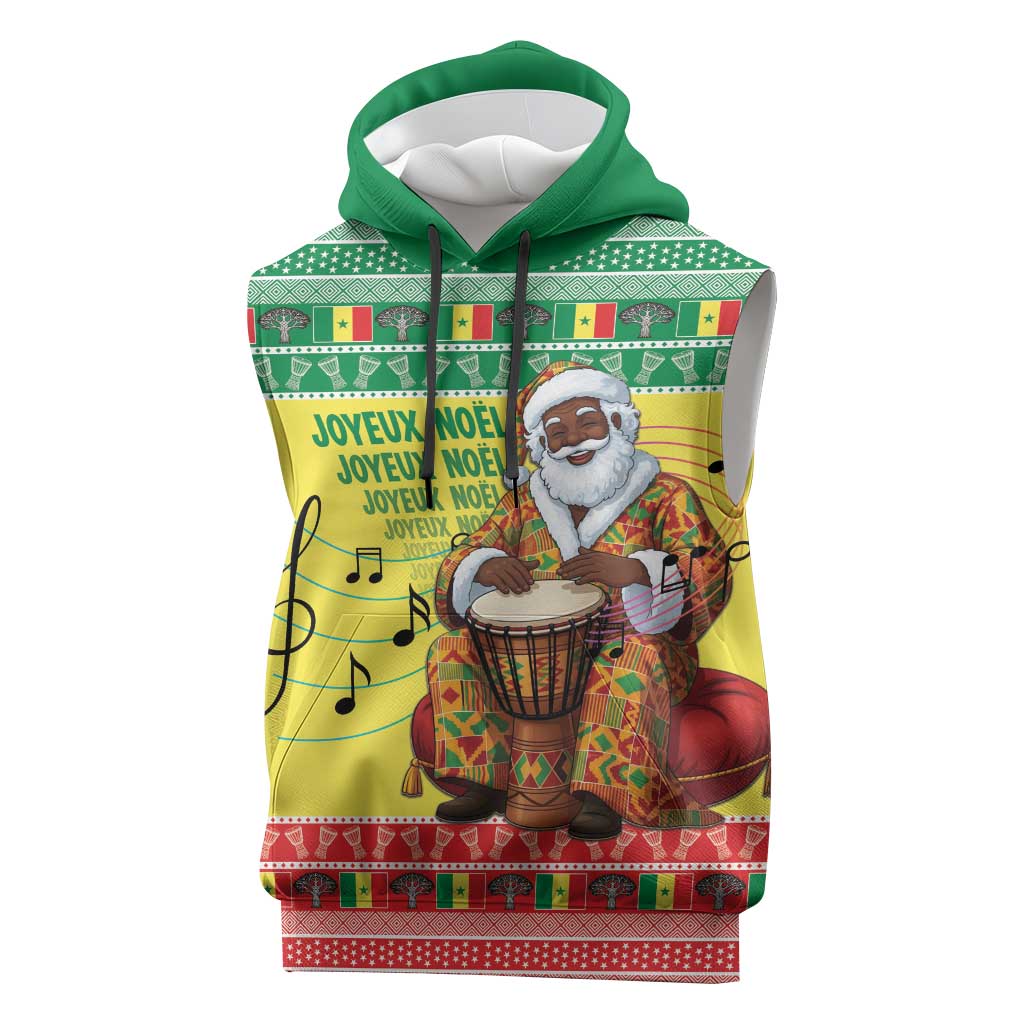 Senegal Christmas Sleeveless Hoodie Black Santa Playing Djembe Drum - Wonder Print Shop