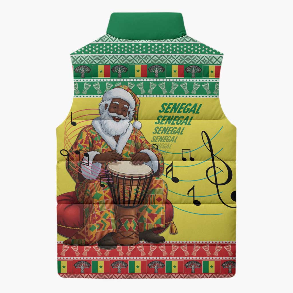 Senegal Christmas Sleeveless Puffer Jacket Black Santa Playing Djembe Drum - Wonder Print Shop