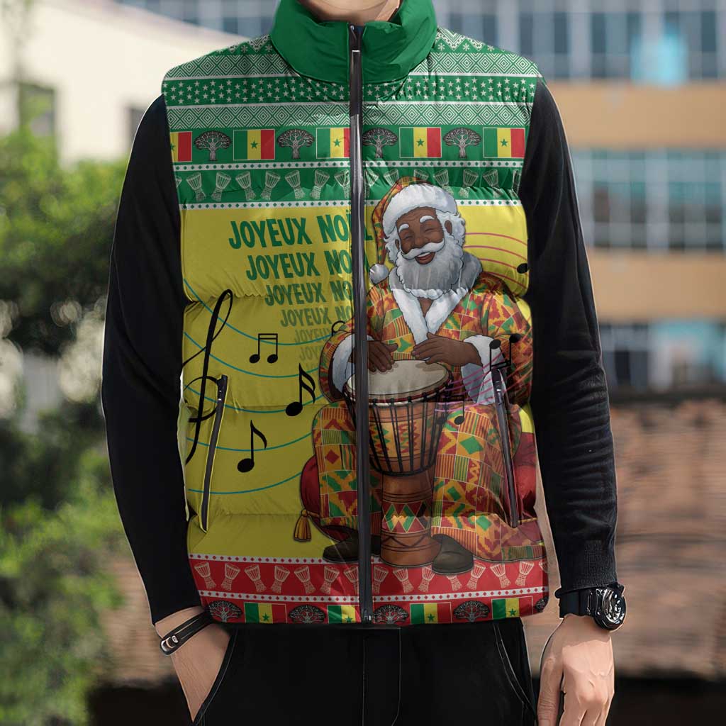 Senegal Christmas Sleeveless Puffer Jacket Black Santa Playing Djembe Drum - Wonder Print Shop