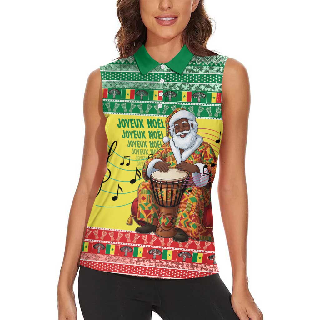 Senegal Christmas Women Sleeveless Polo Shirt Black Santa Playing Djembe Drum - Wonder Print Shop