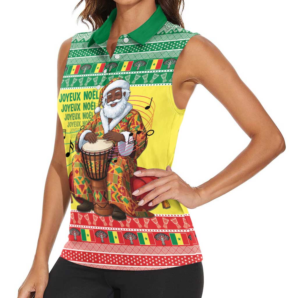 Senegal Christmas Women Sleeveless Polo Shirt Black Santa Playing Djembe Drum - Wonder Print Shop