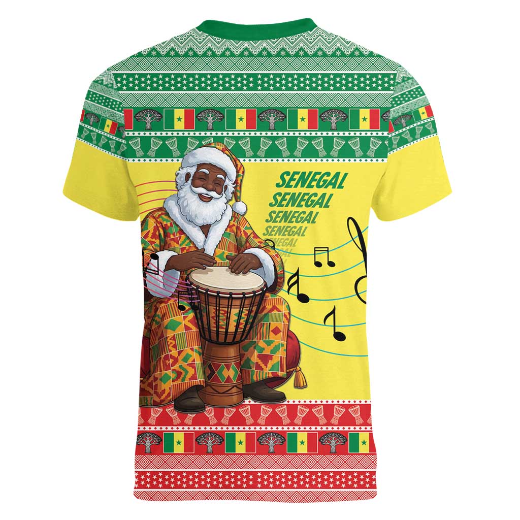 Senegal Christmas Women V-Neck T-Shirt Black Santa Playing Djembe Drum - Wonder Print Shop