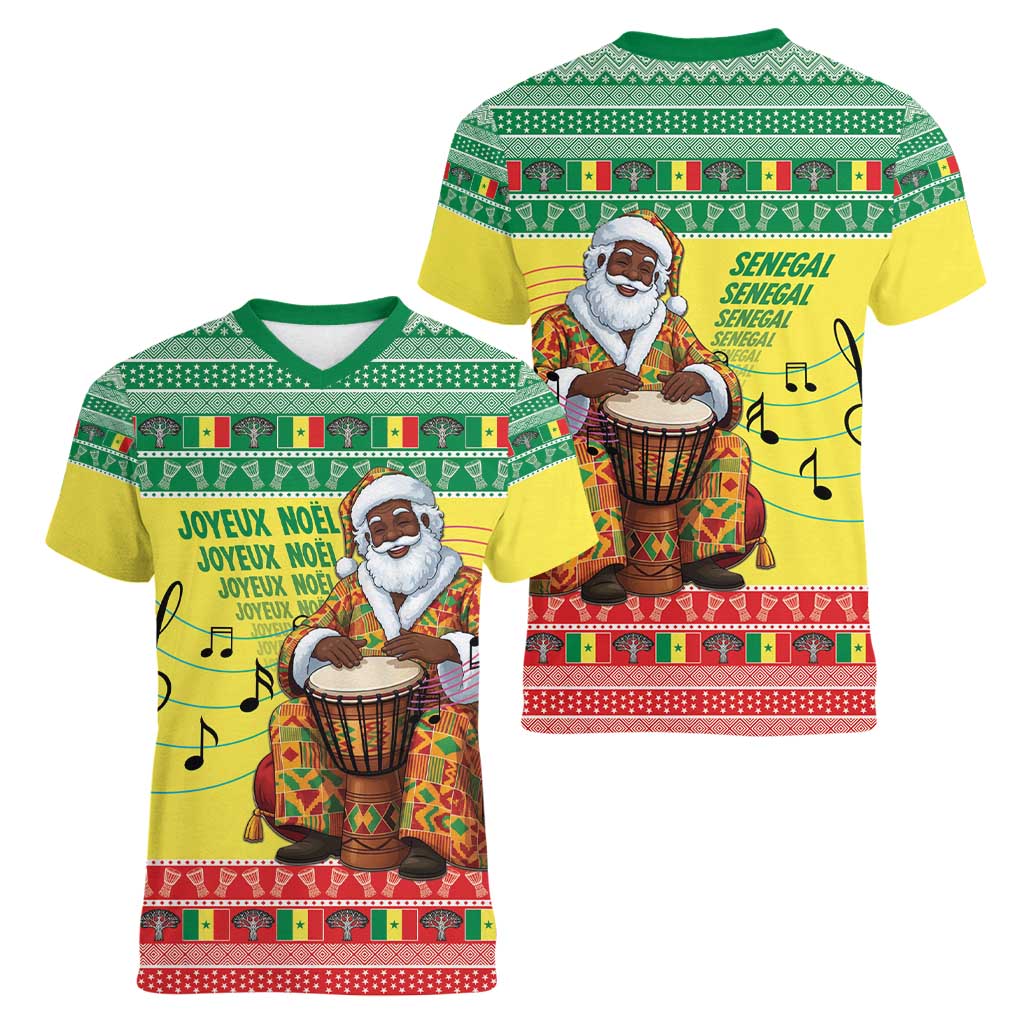 Senegal Christmas Women V-Neck T-Shirt Black Santa Playing Djembe Drum - Wonder Print Shop