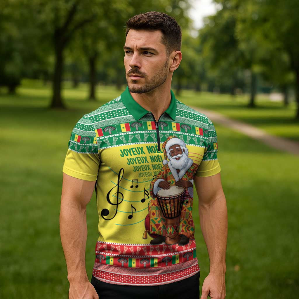 Senegal Christmas Zipper Polo Shirt Black Santa Playing Djembe Drum - undefined