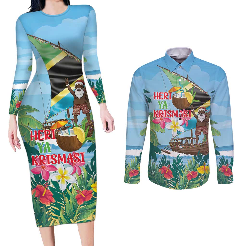 Tanzania Christmas Couples Matching Long Sleeve Bodycon Dress and Long Sleeve Button Shirt Heri ya Krismasi - Wonder Print Shop