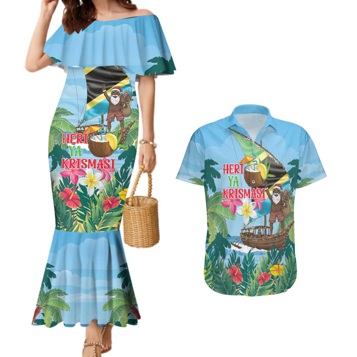 Tanzania Christmas Couples Matching Mermaid Dress and Hawaiian Shirt Heri ya Krismasi - Wonder Print Shop