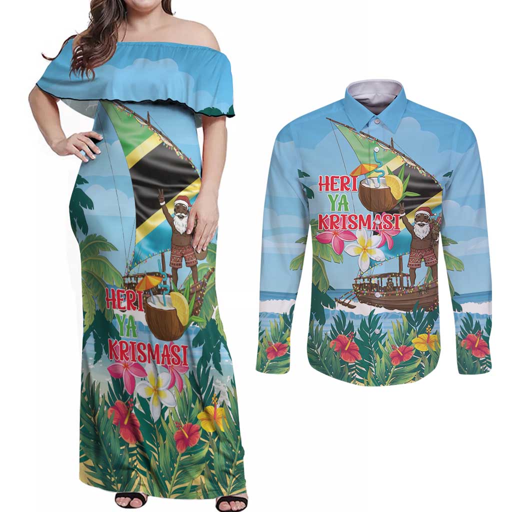 Tanzania Christmas Couples Matching Off Shoulder Maxi Dress and Long Sleeve Button Shirt Heri ya Krismasi - Wonder Print Shop