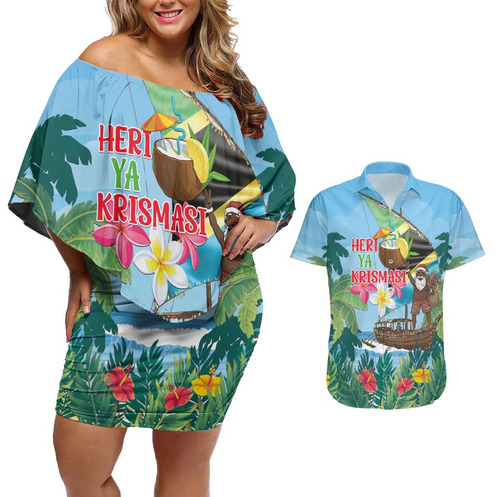 Tanzania Christmas Couples Matching Off Shoulder Short Dress and Hawaiian Shirt Heri ya Krismasi - Wonder Print Shop