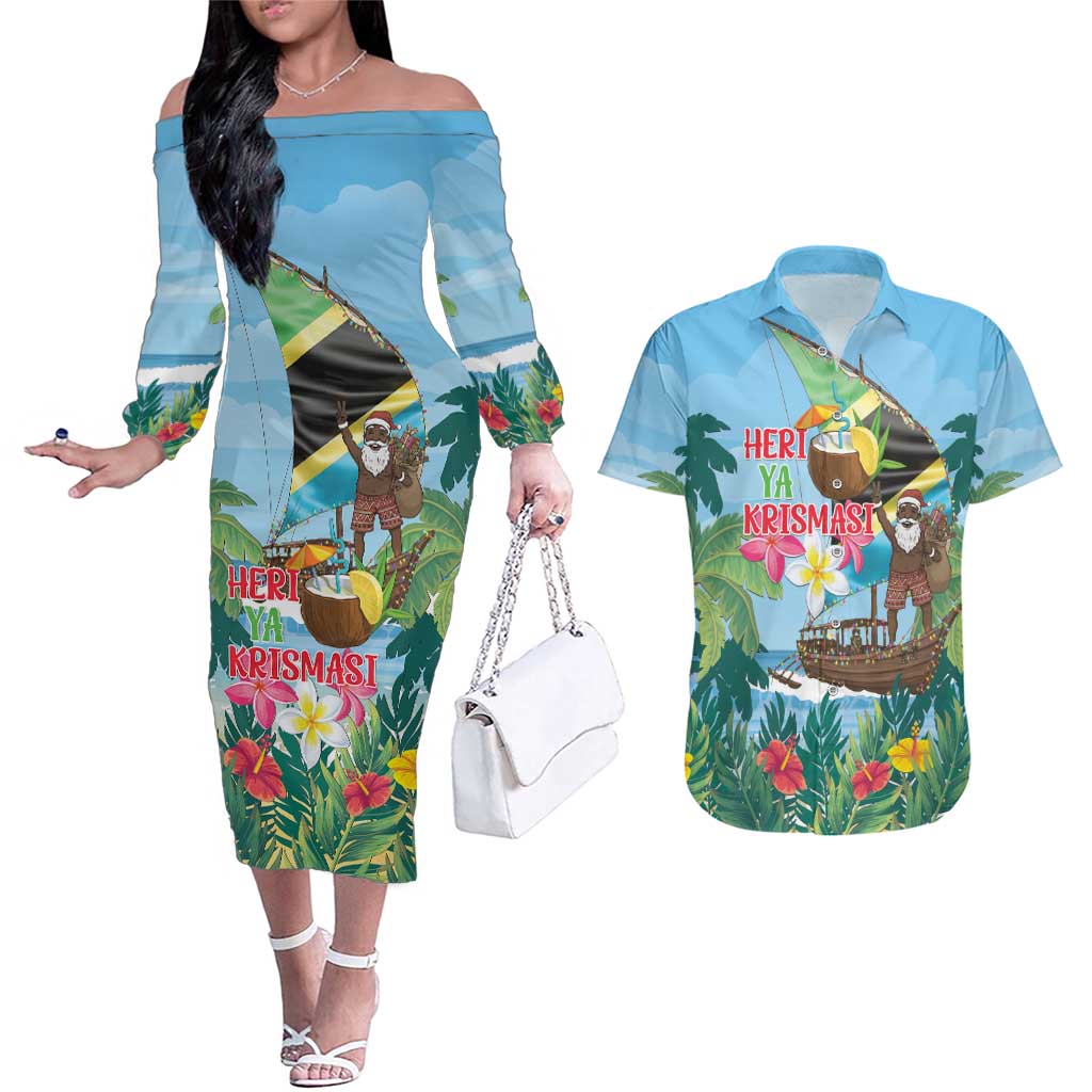Tanzania Christmas Couples Matching Off The Shoulder Long Sleeve Dress and Hawaiian Shirt Heri ya Krismasi - Wonder Print Shop