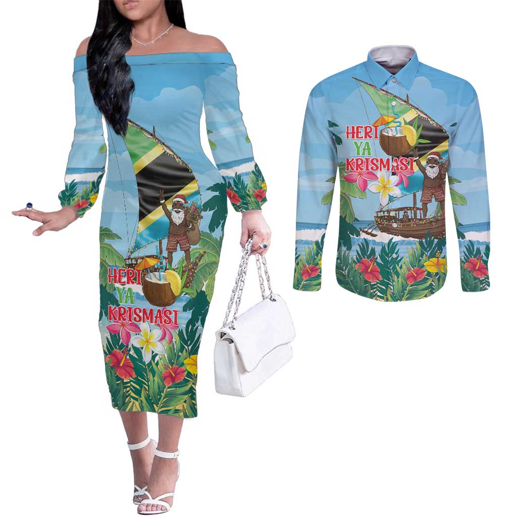 Tanzania Christmas Couples Matching Off The Shoulder Long Sleeve Dress and Long Sleeve Button Shirt Heri ya Krismasi - Wonder Print Shop