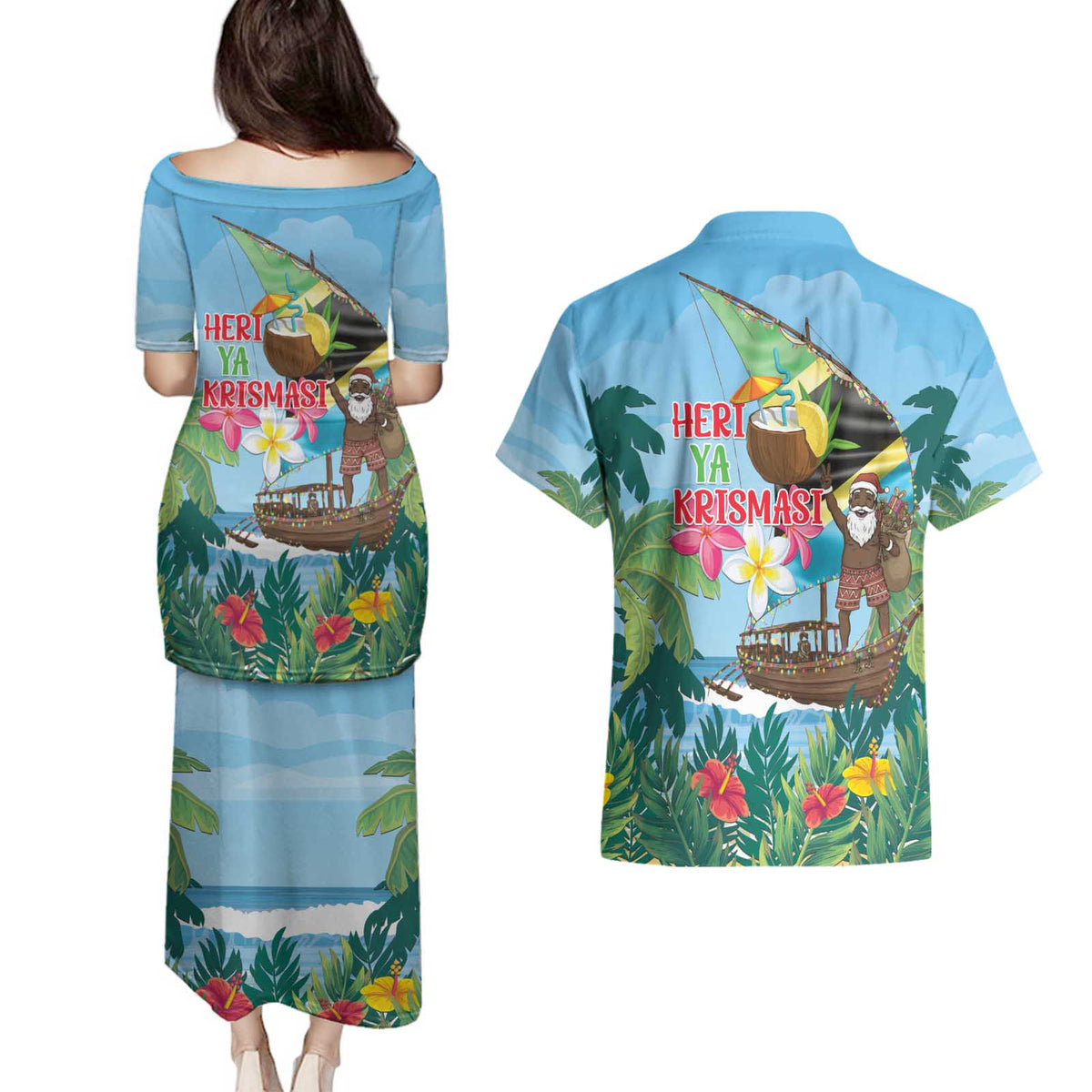 Tanzania Christmas Couples Matching Puletasi and Hawaiian Shirt Heri ya Krismasi - Wonder Print Shop