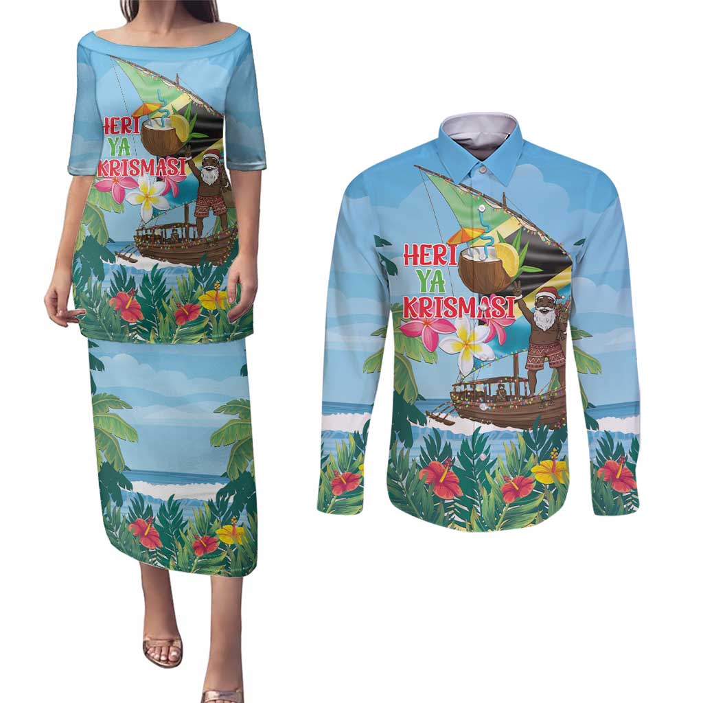 Tanzania Christmas Couples Matching Puletasi and Long Sleeve Button Shirt Heri ya Krismasi - Wonder Print Shop