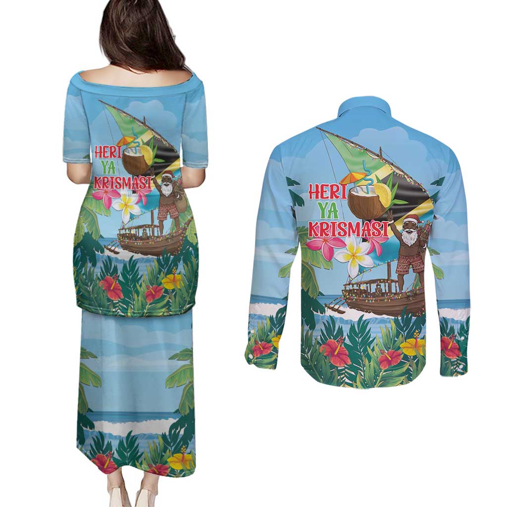 Tanzania Christmas Couples Matching Puletasi and Long Sleeve Button Shirt Heri ya Krismasi - Wonder Print Shop