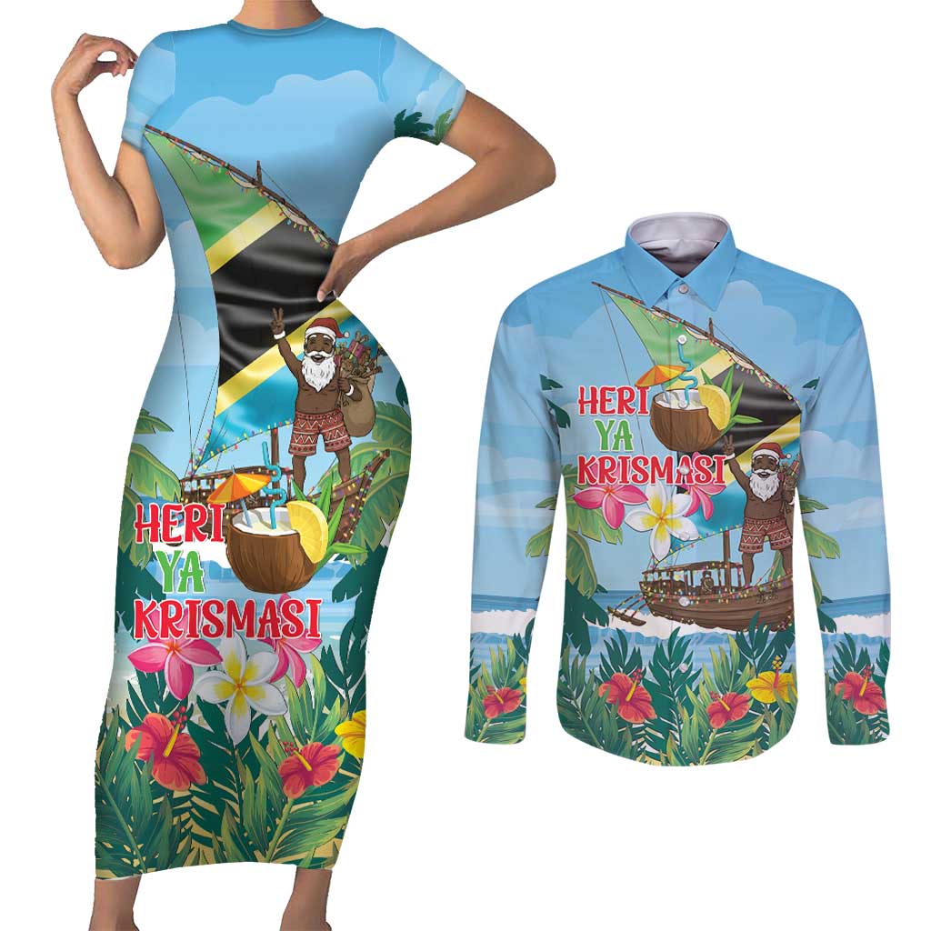 Tanzania Christmas Couples Matching Short Sleeve Bodycon Dress and Long Sleeve Button Shirt Heri ya Krismasi - Wonder Print Shop