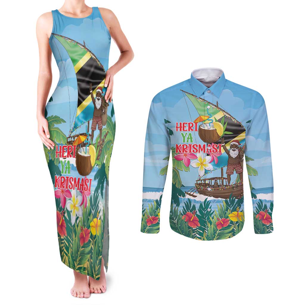 Tanzania Christmas Couples Matching Tank Maxi Dress and Long Sleeve Button Shirt Heri ya Krismasi - Wonder Print Shop