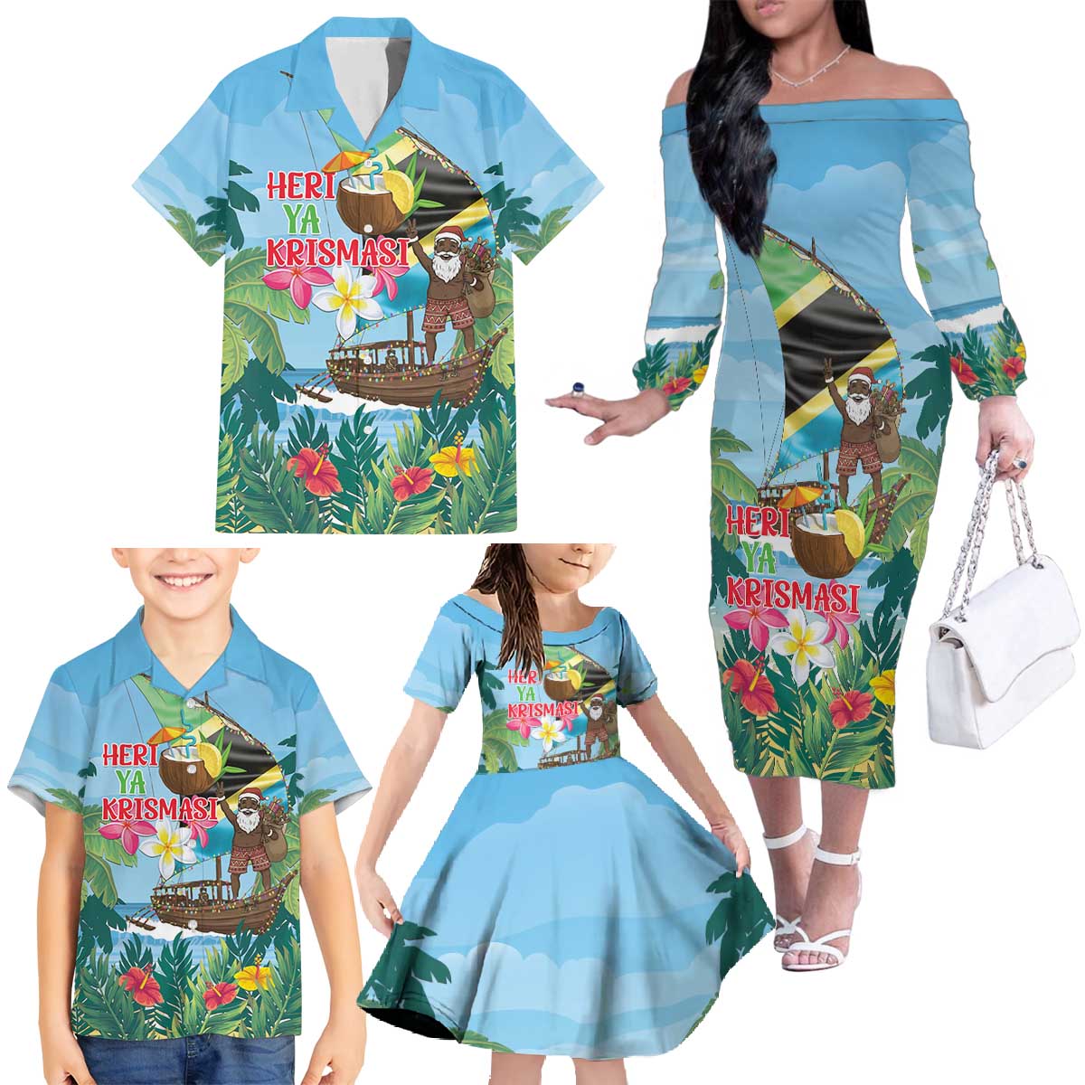 Tanzania Christmas Family Matching Off The Shoulder Long Sleeve Dress and Hawaiian Shirt Heri ya Krismasi - Wonder Print Shop