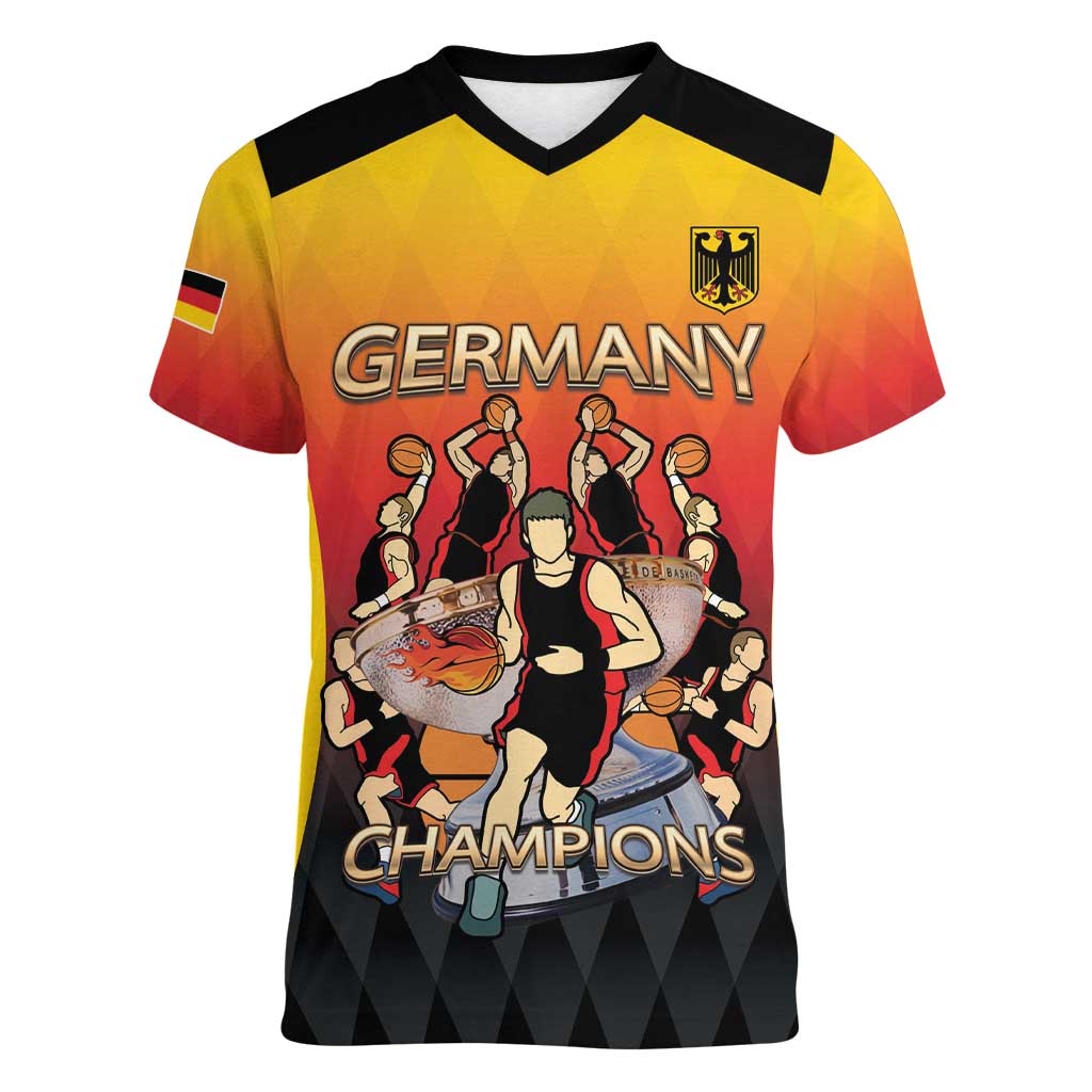 Custom Germany Basketball Women V-Neck T-Shirt European Champions 2025 - Wonder Print Shop