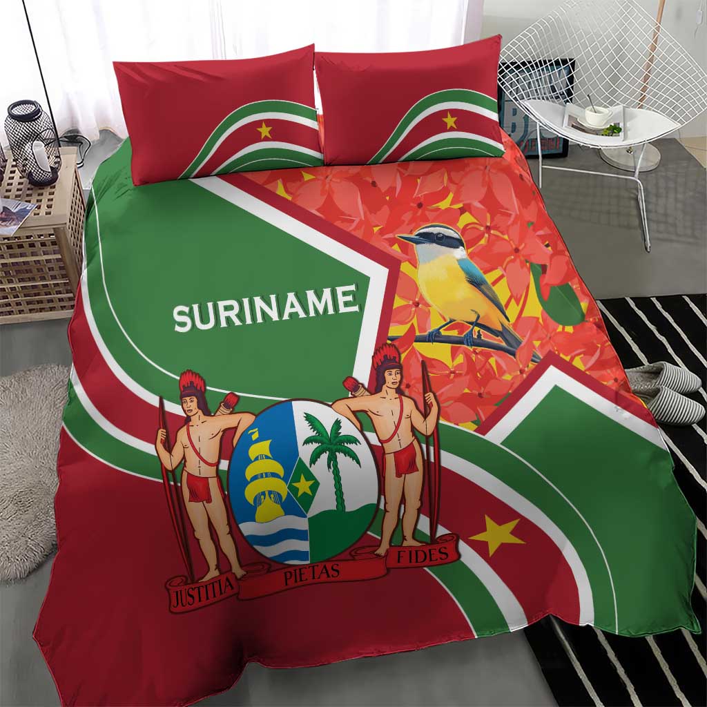Suriname Independence Day Bedding Set Coat Of Arms With Lesser Kiskadee - Wonder Print Shop
