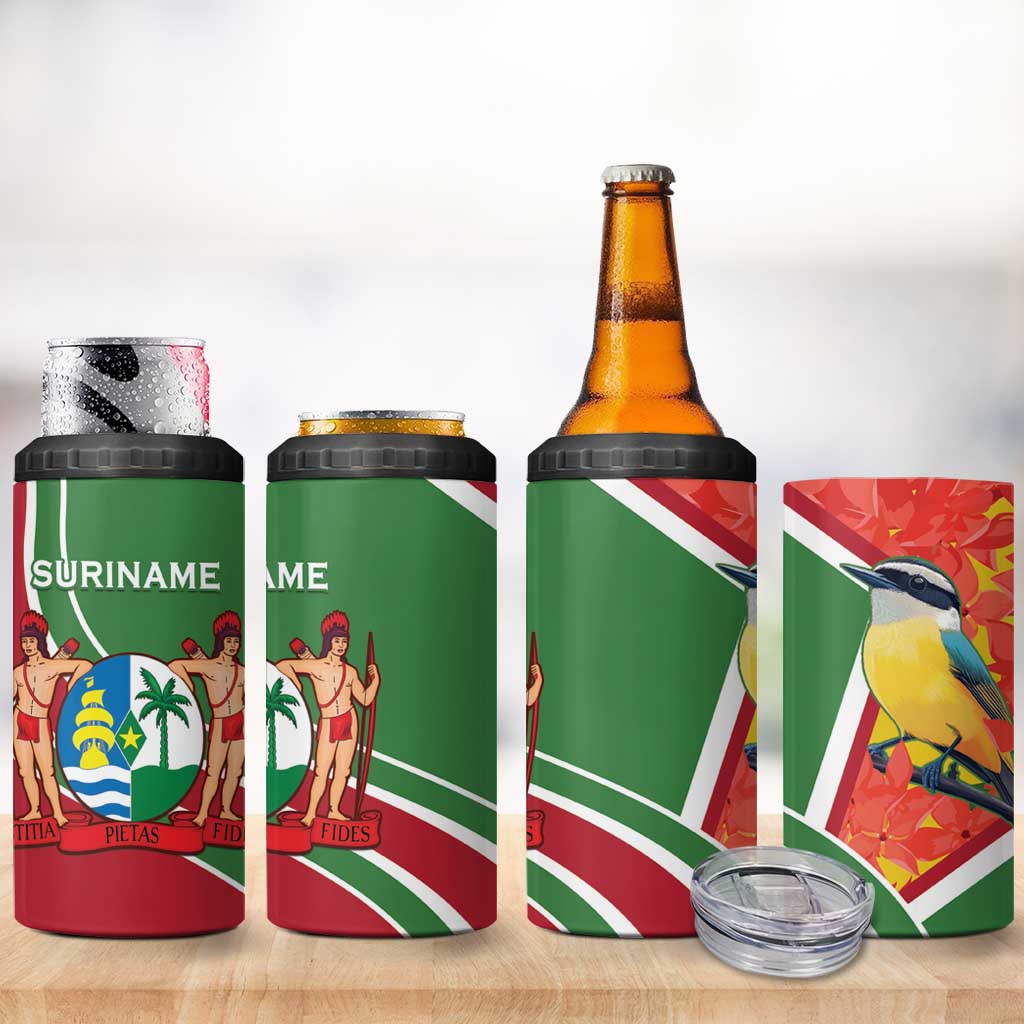 Suriname Independence Day 4 in 1 Can Cooler Tumbler Coat Of Arms With Lesser Kiskadee - Wonder Print Shop