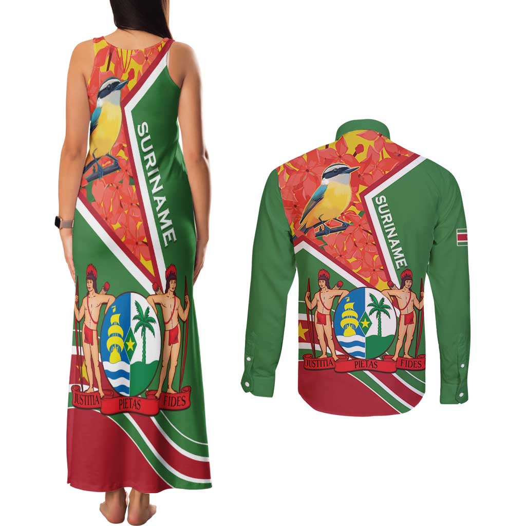 Suriname Independence Day Couples Matching Tank Maxi Dress and Long Sleeve Button Shirt Coat Of Arms With Lesser Kiskadee - Wonder Print Shop