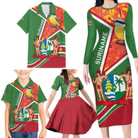 Suriname Independence Day Family Matching Long Sleeve Bodycon Dress and Hawaiian Shirt Coat Of Arms With Lesser Kiskadee - Wonder Print Shop