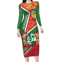 Suriname Independence Day Family Matching Long Sleeve Bodycon Dress and Hawaiian Shirt Coat Of Arms With Lesser Kiskadee - Wonder Print Shop