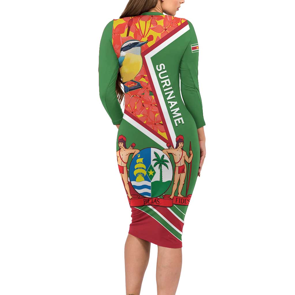 Suriname Independence Day Family Matching Long Sleeve Bodycon Dress and Hawaiian Shirt Coat Of Arms With Lesser Kiskadee - Wonder Print Shop