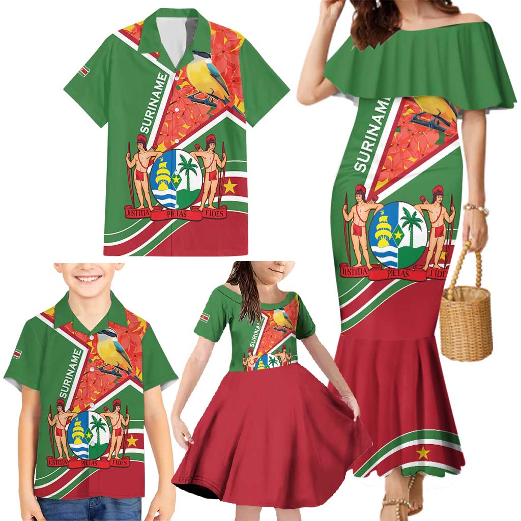 Suriname Independence Day Family Matching Mermaid Dress and Hawaiian Shirt Coat Of Arms With Lesser Kiskadee - Wonder Print Shop