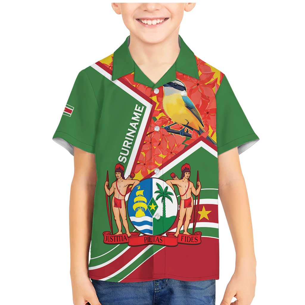 Suriname Independence Day Family Matching Mermaid Dress and Hawaiian Shirt Coat Of Arms With Lesser Kiskadee - Wonder Print Shop