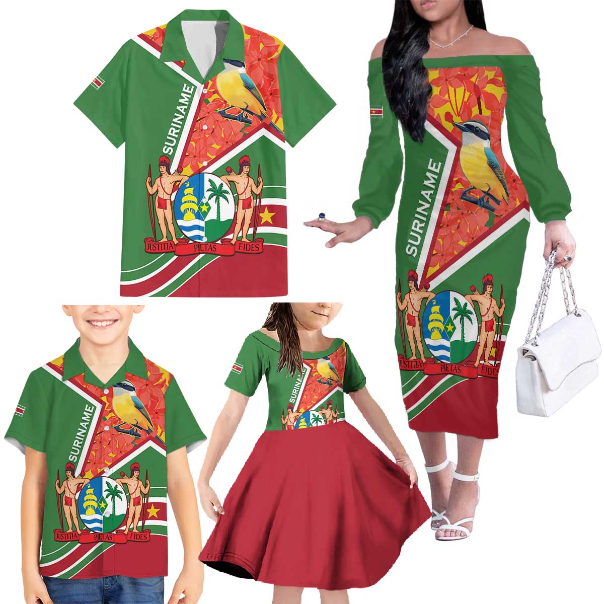 Suriname Independence Day Family Matching Off The Shoulder Long Sleeve Dress and Hawaiian Shirt Coat Of Arms With Lesser Kiskadee - Wonder Print Shop