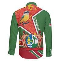Suriname Independence Day Family Matching Off The Shoulder Long Sleeve Dress and Hawaiian Shirt Coat Of Arms With Lesser Kiskadee - Wonder Print Shop