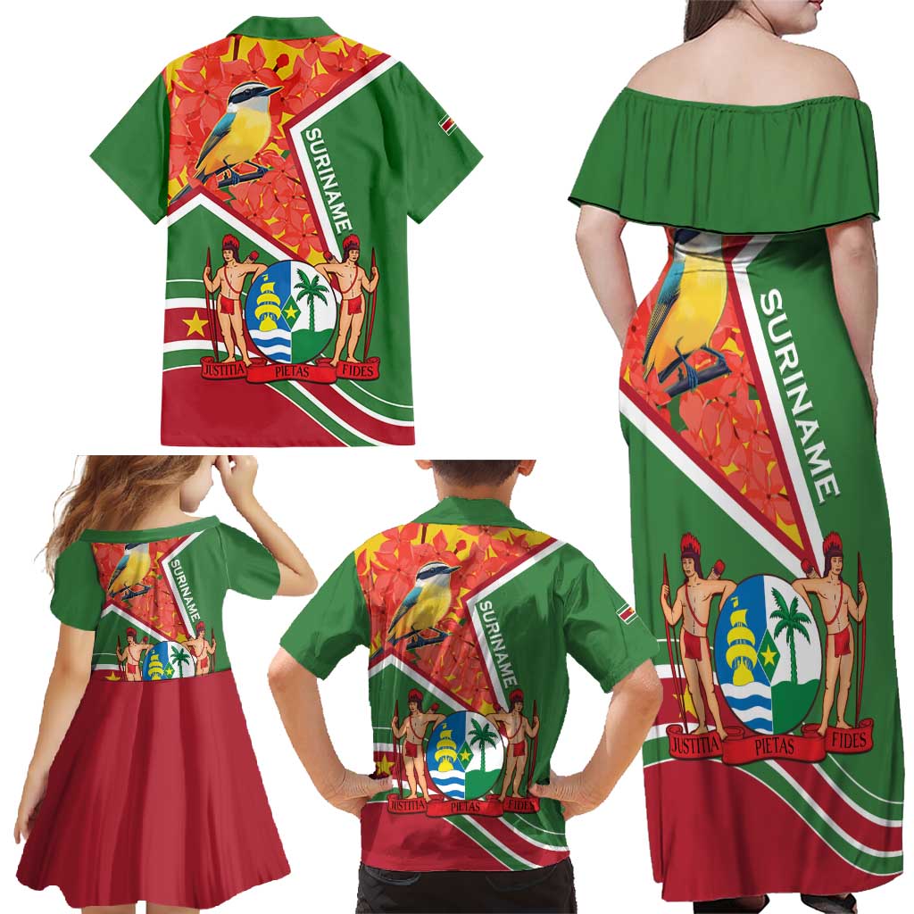 Suriname Independence Day Family Matching Off Shoulder Maxi Dress and Hawaiian Shirt Coat Of Arms With Lesser Kiskadee - Wonder Print Shop