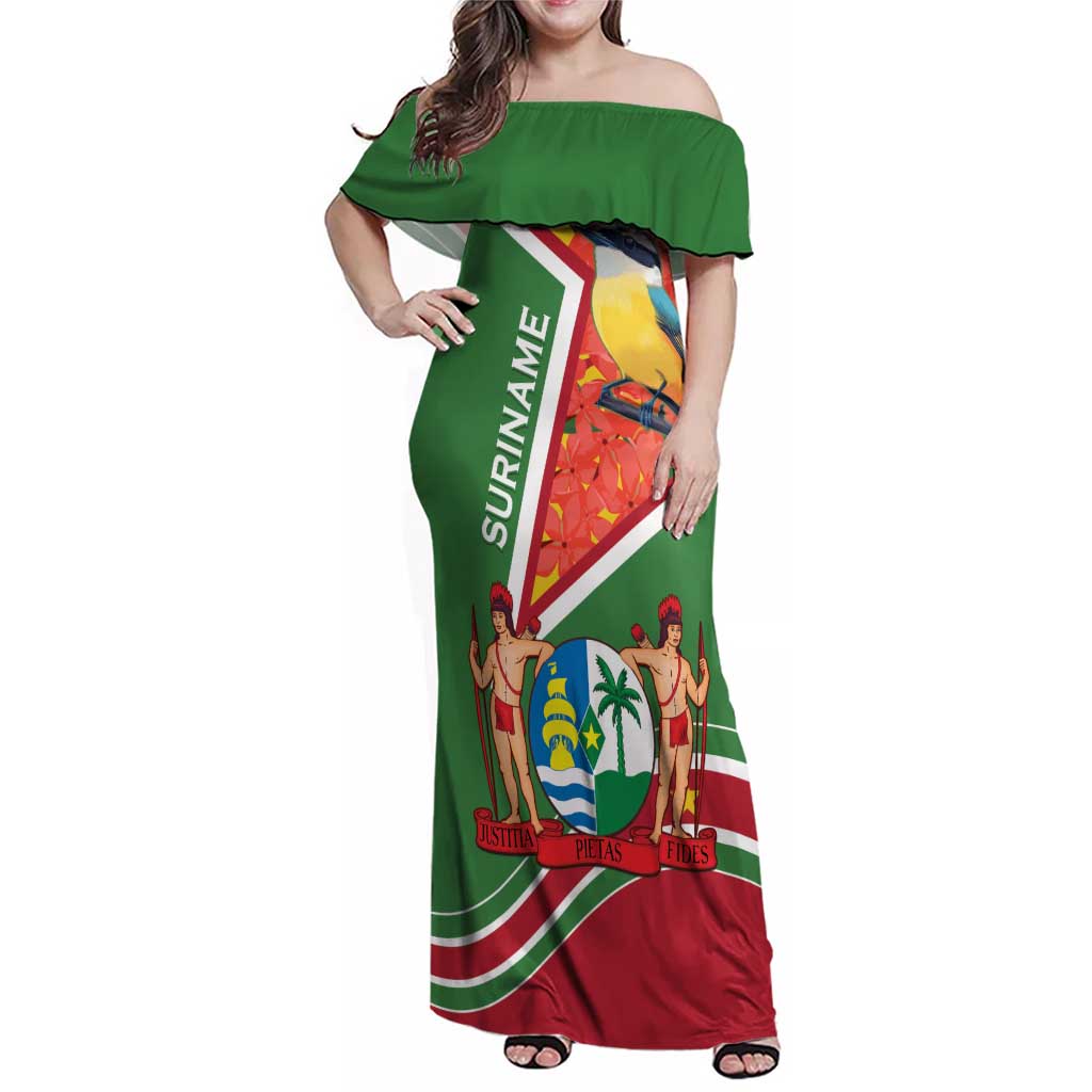 Suriname Independence Day Family Matching Off Shoulder Maxi Dress and Hawaiian Shirt Coat Of Arms With Lesser Kiskadee - Wonder Print Shop