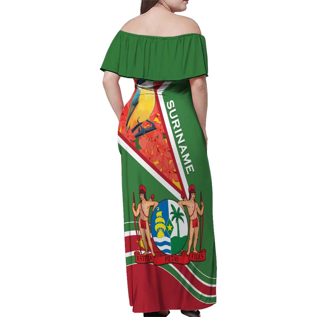 Suriname Independence Day Family Matching Off Shoulder Maxi Dress and Hawaiian Shirt Coat Of Arms With Lesser Kiskadee - Wonder Print Shop