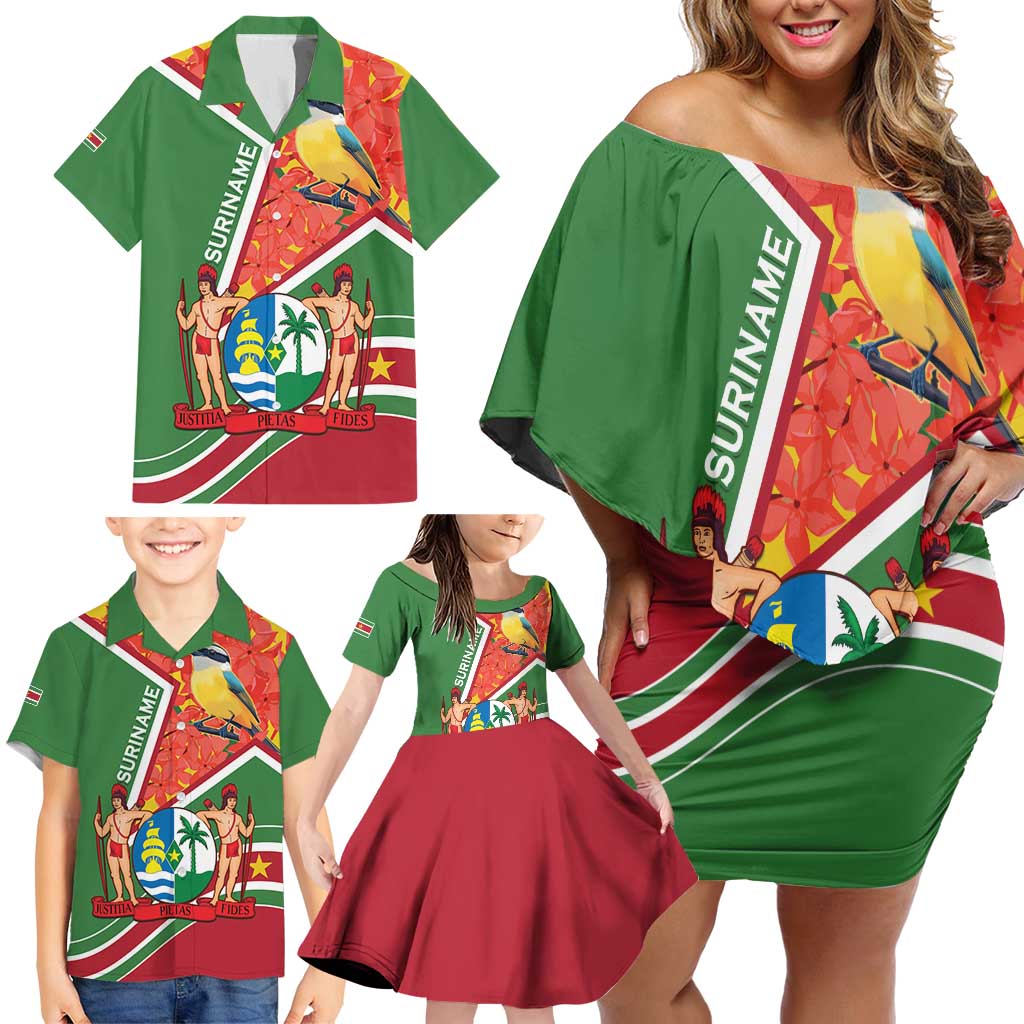 Suriname Independence Day Family Matching Off Shoulder Short Dress and Hawaiian Shirt Coat Of Arms With Lesser Kiskadee - Wonder Print Shop