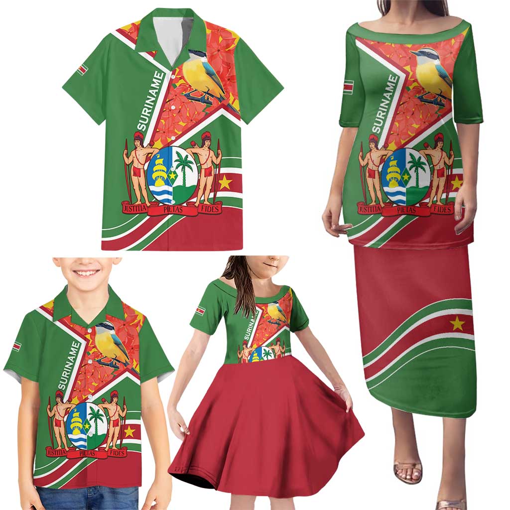 Suriname Independence Day Family Matching Puletasi and Hawaiian Shirt Coat Of Arms With Lesser Kiskadee - Wonder Print Shop